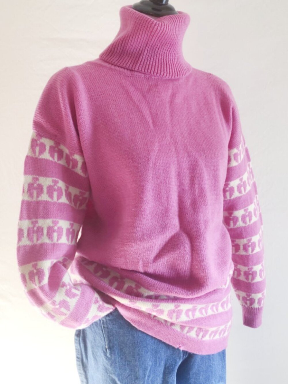 Vintage 80s High Lilac Pink Turtleneck Tunic Sweater Size M